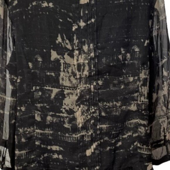 Women's Black & Taupe Chiffon Blouse Size 1X (16W-18W) V-Neck Tux-Pleated Button - Picture 7 of 9